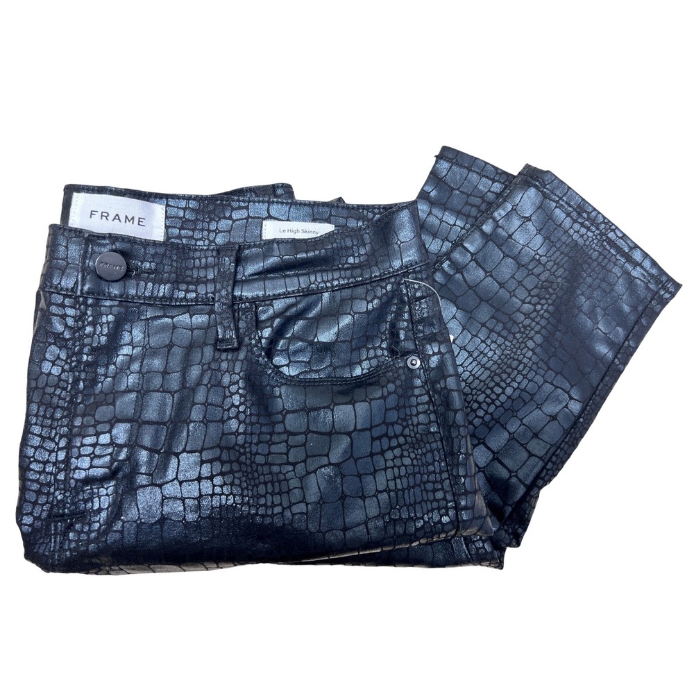 FRAME Le High Skinny Jeans Womens 28 Black Excellent Croc Embossed Coated Pants
